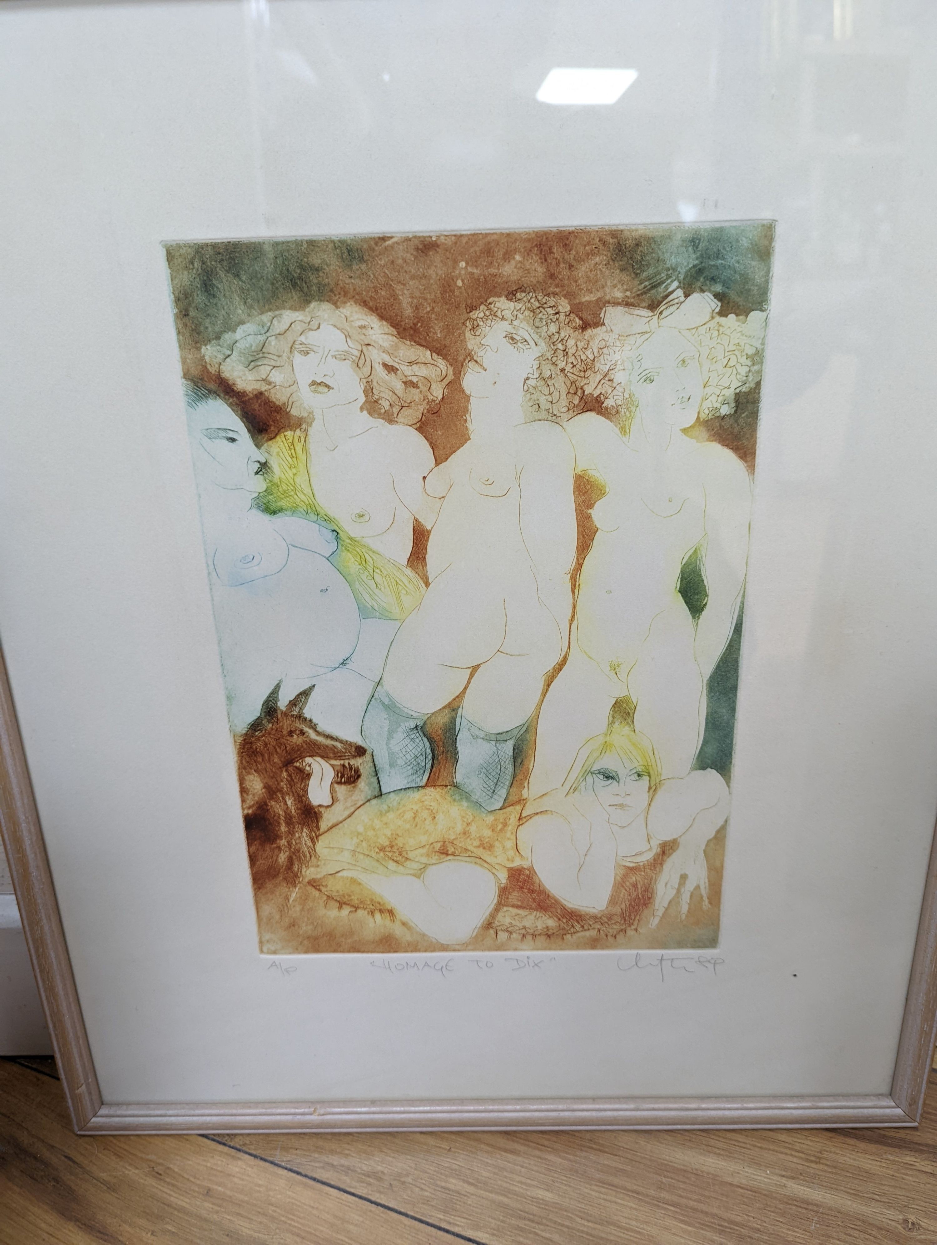 Four modern colour etchings, 'Homage to Dix, Chagall's Cow, Bar Anette and Ever Since', indistinctly signed and numbered, largest 30 x 22cm